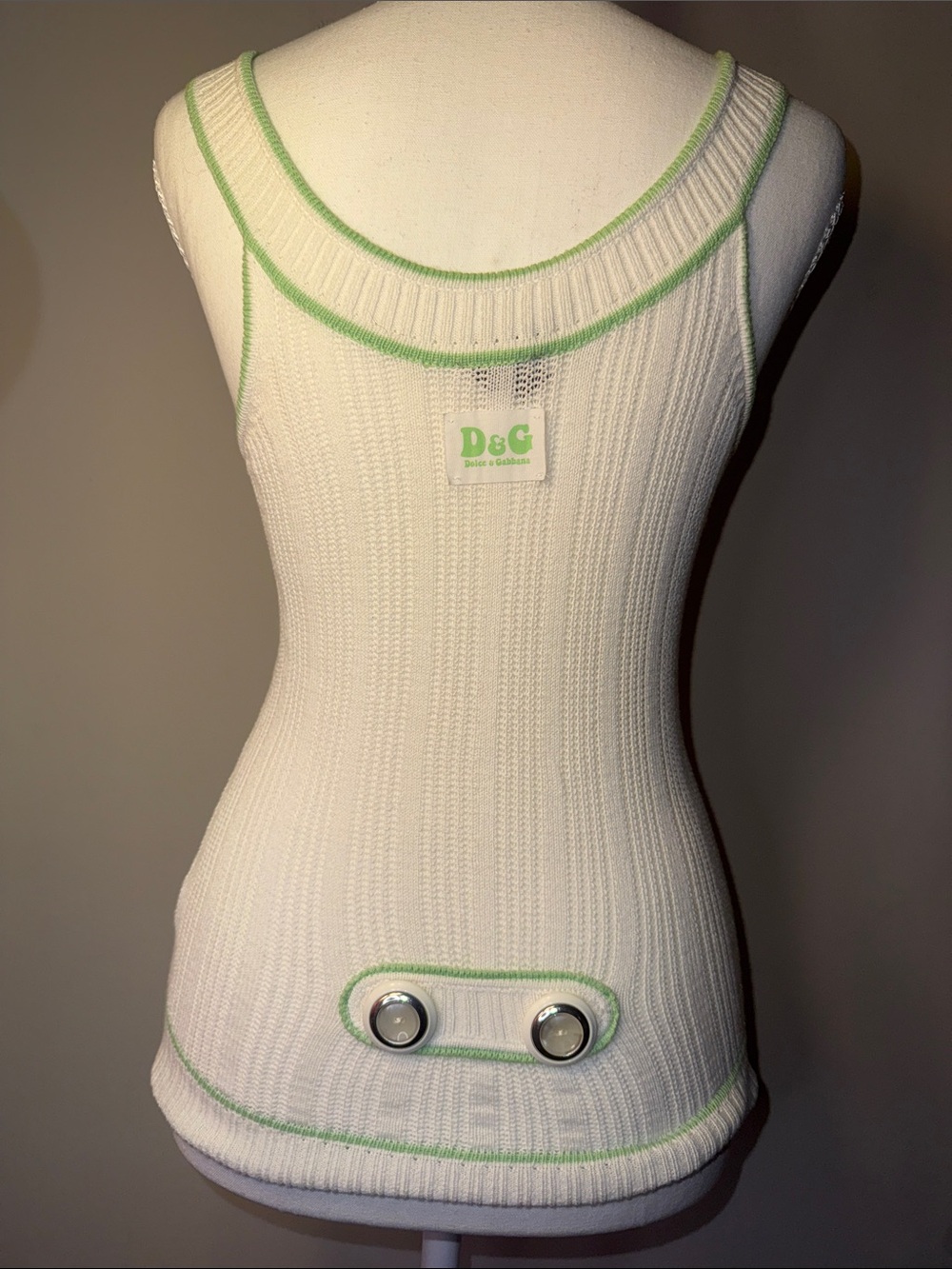 Archival Vintage D&G White Ribbed Tank with Light Green Trim and Button Details - Picture 2 of 9